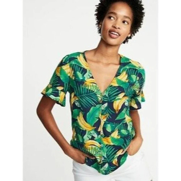 Old Navy Green Banana Lime Print Button Front Short Sleeve Top S - Picture 1 of 5